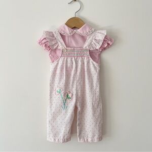 VINTAGE Heirloom Rosebud Print Hand Smocked Floral Applique Spring Easter Set